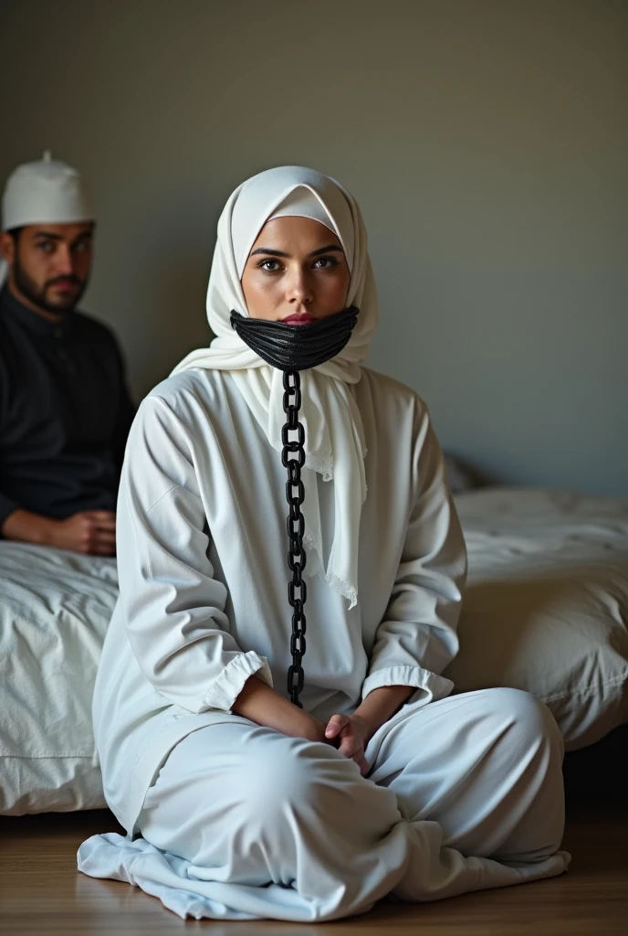 Pale skin kurdish woman in straight tight tied hijab  shoulder  arm breasts   