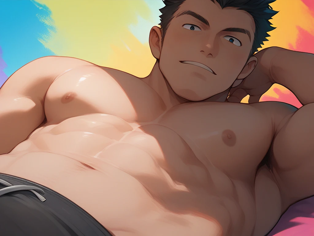 (เด็กชาย 1 คน,เป็นผู้ชาย),หนุ่มอนิเมะกล้ามโตในยิม,  expression like , 1boy, bikini, Tight muscles, Broad shoulders, Handsome and old, Tiny , Sexy, , Guy, Gay, Sea, jacket, sunglasses, boy, floral bikini, bright white hair, tight leg muscles, big Cook,