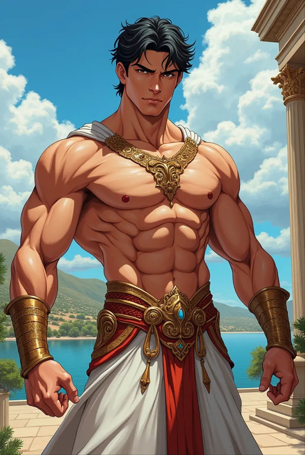 Henry Cavill, tall, handsome, long hair, robust, , wearing gold ornaments, wearing a yellow silk dhoti, smiling, a large longbow in his hands, bow stretched with arrow loaded, upper body, closeup, smiling, standing on a mountain