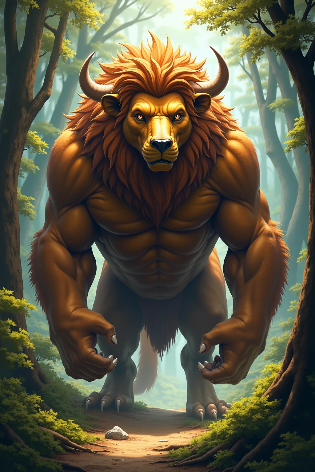 ultra-detailed, masterpiece, masterwork, high quality, best quality, hdr, (nature), , male, solo, lion, (()), (little body minotaur), (long hair, yellow eyes), squatting, dynamic angle, (, perfect ), public hair