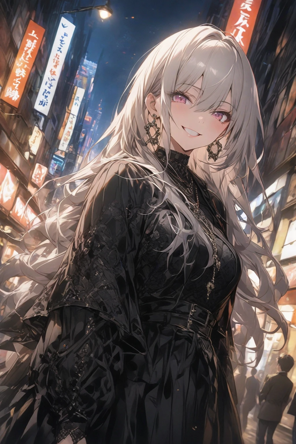 masterpiece, best quality, highres, hmhy1, hat, black thighhighs, suspender skirt, jewelry, necklace, long sleeves, large , beret, turtleneck sweater, black sweater, cowboy shot, outdoors, night, smile,