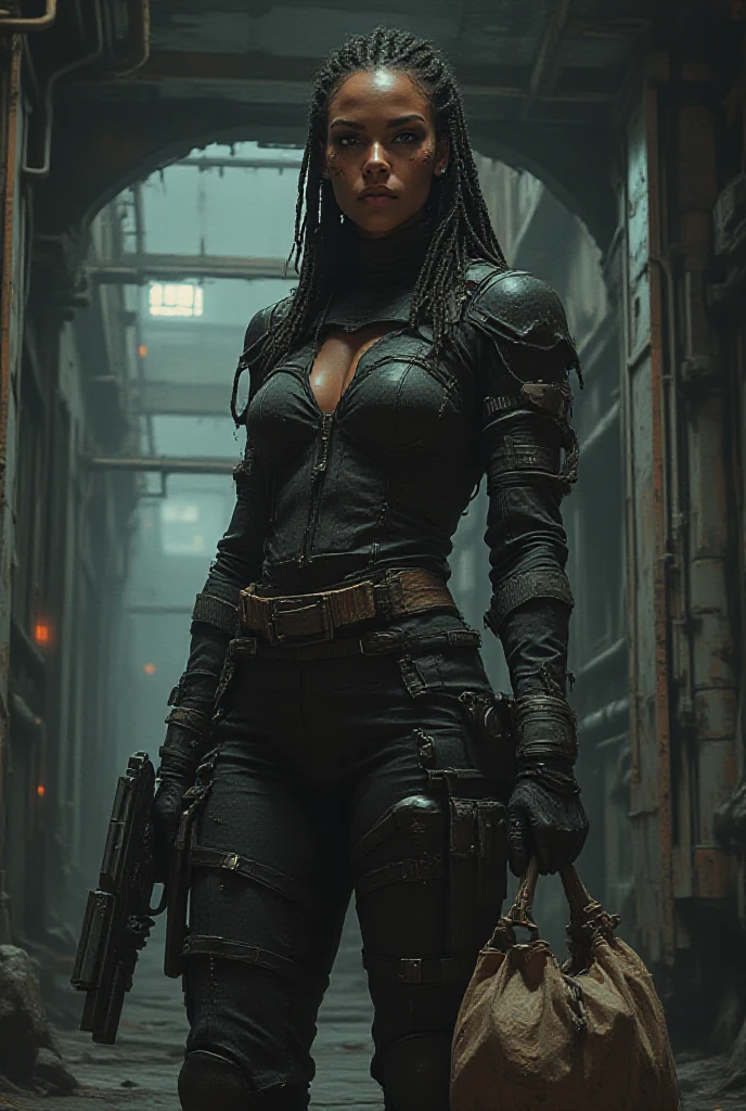 a female secret agent based on Zendaya, she is shooting a sci-fi gun, she wears a black , cinematic, fantasy painting, highly detailed, black outlining, full color illustration, in the style of BORIS VALLEJO & JULIE BELL