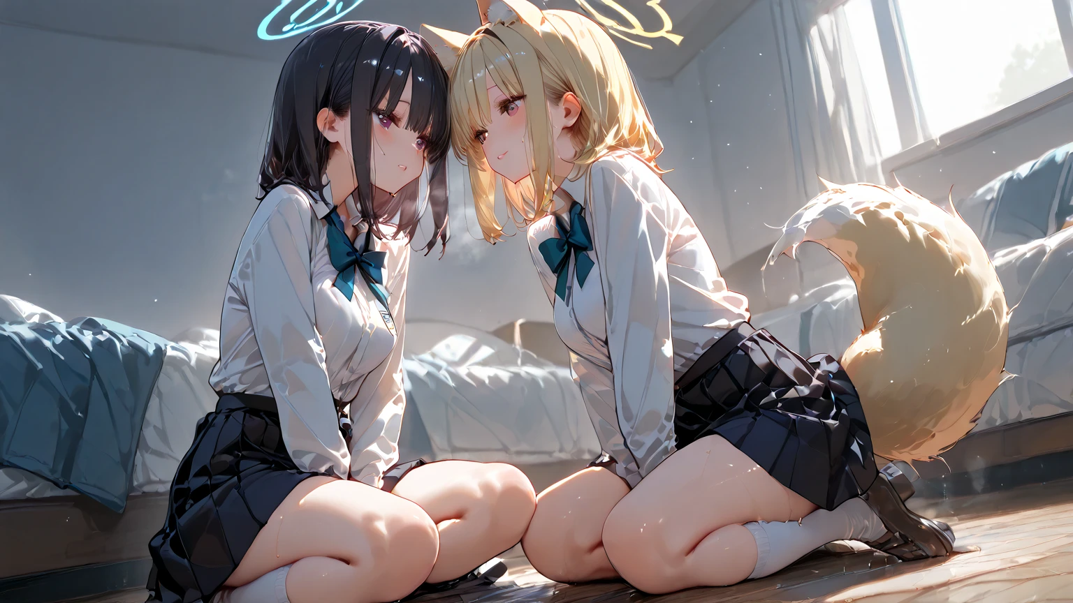 2girls, loli, eager pet pose, ((looking disgusted)), full body, tears, peeing self, puddle of 