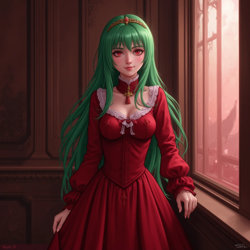 emerald tiara, Green Pearl Necklace, Boyish very short green hair, lipsticks, Japan woman smiling, very short short hair,  big breasts beautiful, Green eyes, Long green gloves made of satin material, Green eyes, Emerald Earrings, green vale, Heart with both hands