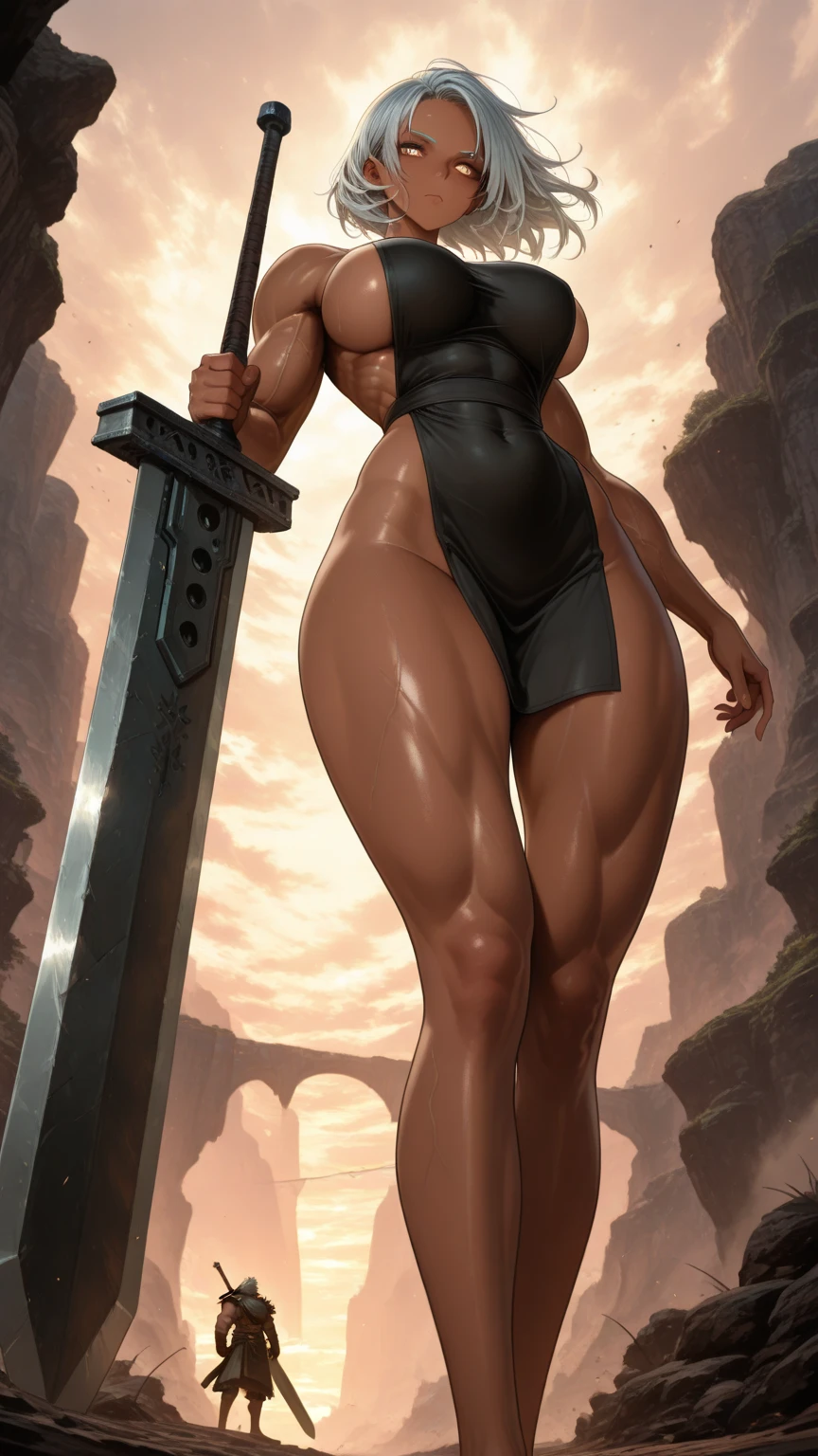 (masterpiece, top quality, best quality, official art, beautiful and aesthetic), ((1girl)), (((massive female bodybuilder:1.7))), (((Long Muscular Legs:1.5))), ((?????)), ((????:1.2)), long wavy black hair, tanned skin, extremely detailed, portrait, looking at viewer, solo, ((full body)), detailed background, close up, mischievous eyes, (hot summer desert Arabia theme), dark makeup, smirk, mysterious, walking in desert, jewelry, elaborate necklaces, gold jewelry, precious stones, scimitar, curved sword, ((((????????????????)))), slim waist, ((wide ????)), ((wide shoulders)), ancient (Arabian palace exterior) background, dark mysterious lighting, shadows, magical atmosphere, dutch angle