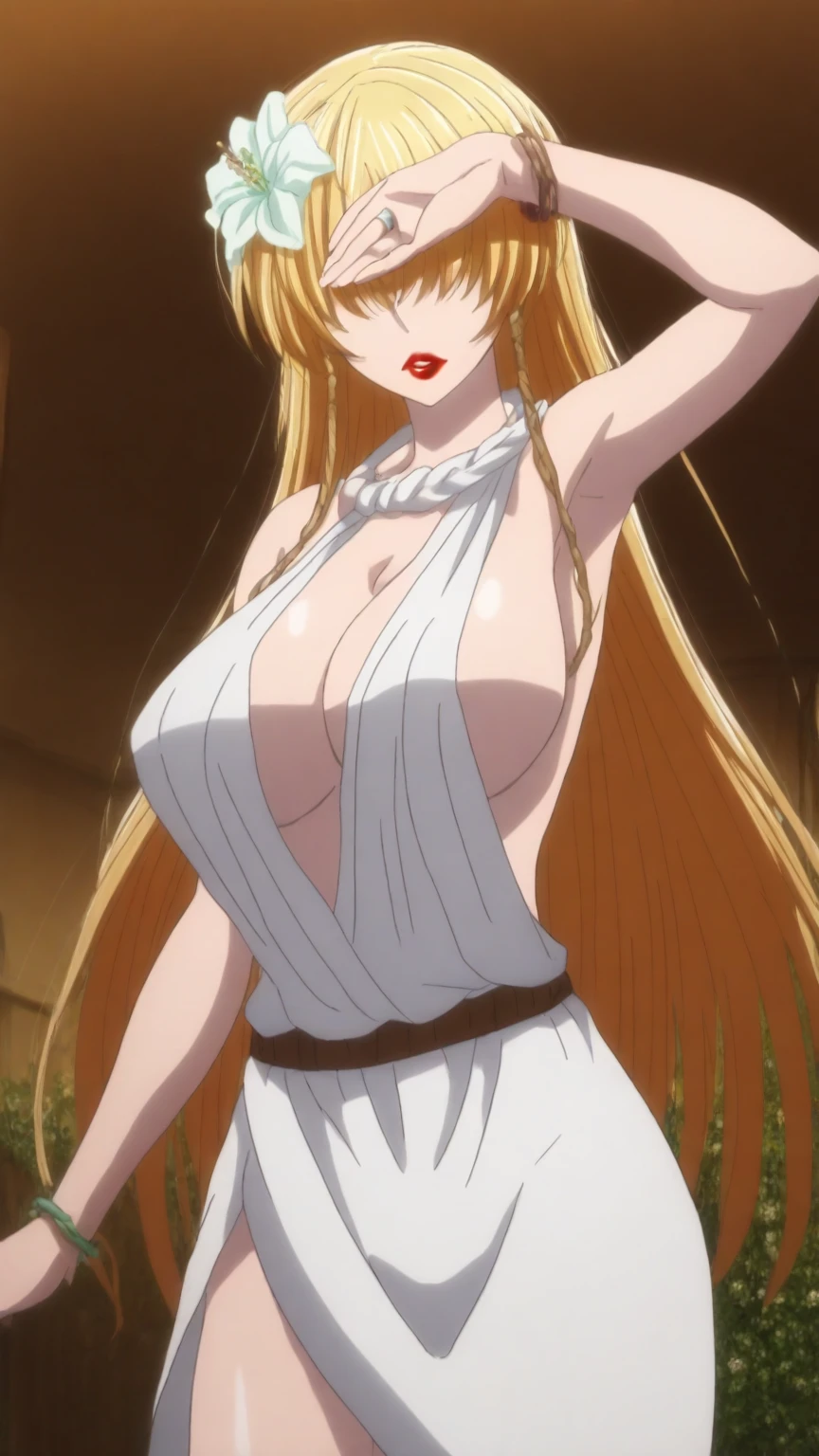 (((Masterpiece,detailed, super high quality,In 4K,Highest qualityの高品質))), (extremely detailed, Finely detaileded), (Attractive illustrations,bleach style,Highest quality, In 4K, 8K, High resolution,Precise human body:1.3)whole body,(Beautiful woman,Beautiful face line,Feminine body lines,Beautiful blonde,Long Wavy Hair,Beautiful Blue Eyes:0.7)(Huge boobs,valley:1.2)(Sweat,Steamed,blush,looking at the camera:1.1)