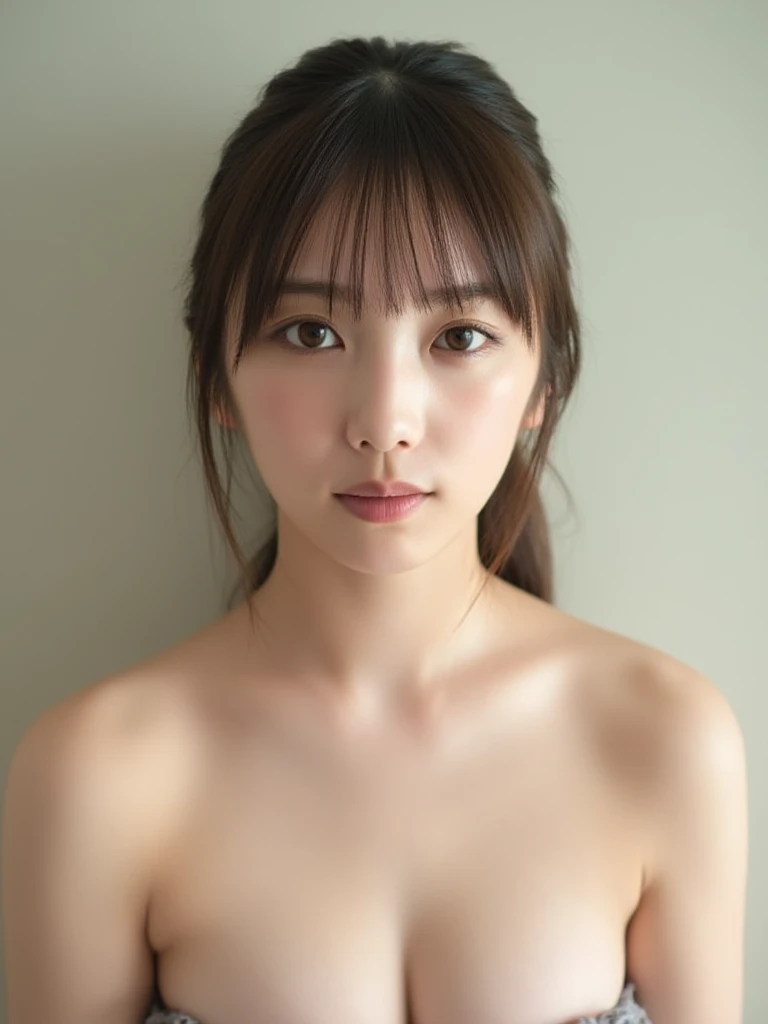 (Realistic、Realistic:1.3)、（Cute 20 year old girl.:1.4)、（Show me your breasts:1.8）、White skin、（（Small breasts））、Exposing the breasts、全、、（Small breasts）、Small breasts、the body is slim、Thin legs、bangs、Black Hair