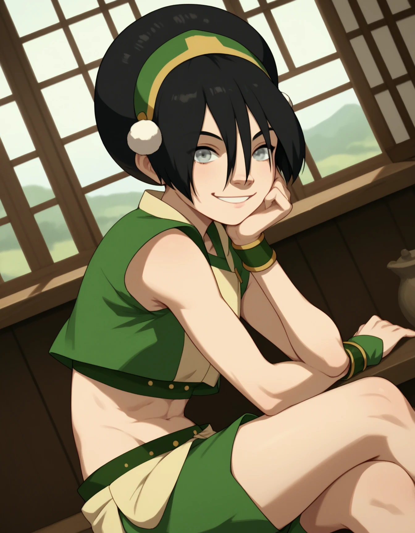 (best quality, ultra-detailed), (((7yo Toph, black hair, grey blind eyes, tiny, petite body, flat chest, small butt, skinny legs))), anime style, vibrant colors, soft lighting, ((( a man's ))), (((anatomically correct 7yo girl's body))), ((( pov))), in a forest