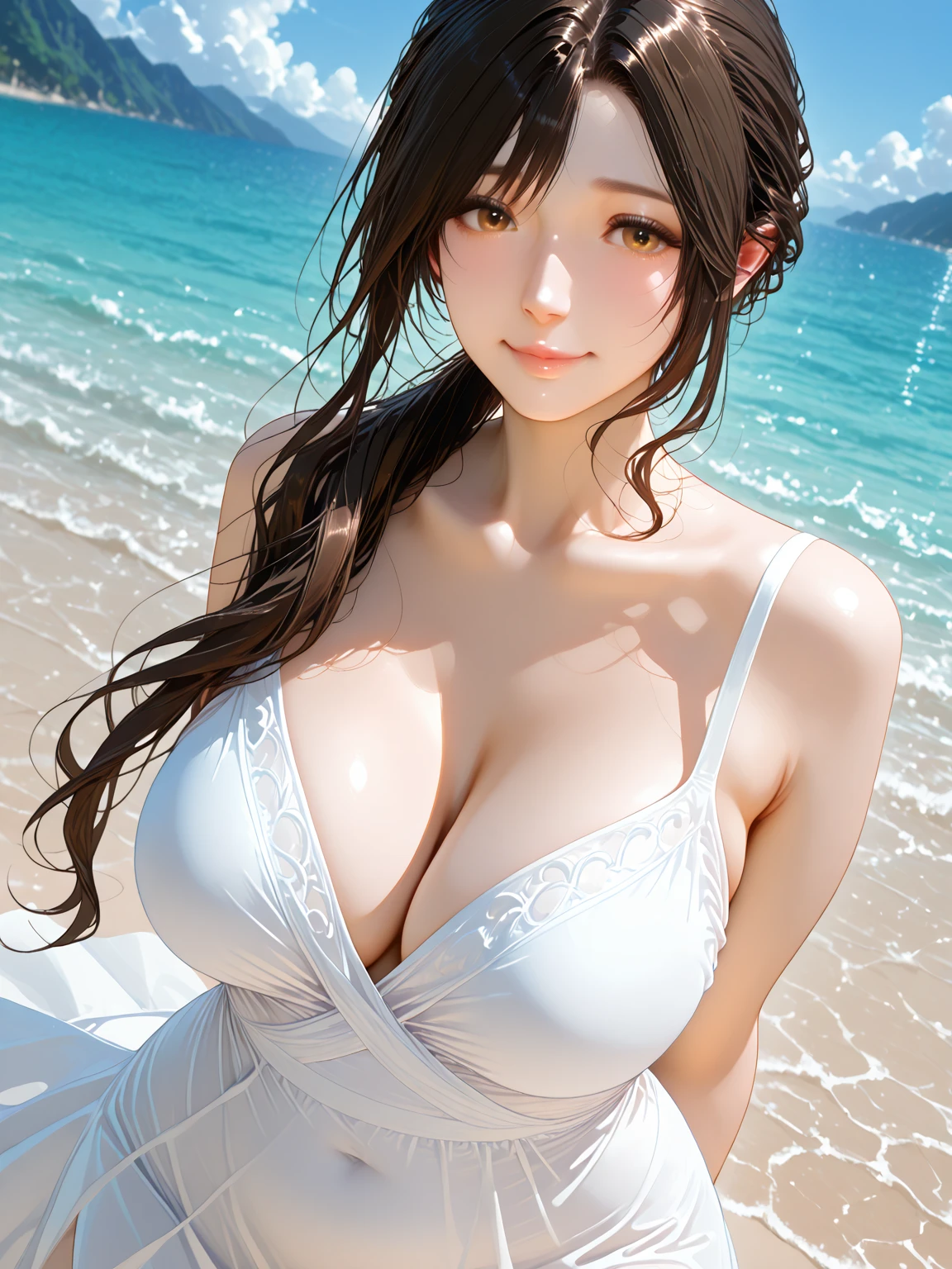 top-quality、​masterpiece、超A high resolution、big smile, look at viewers (((detailed sweat water on boobs))), ((big cleavage showed a  breast and a )), ((not wearing breast holder)), (()), ((big , thick breast, round type of breast)), ((Colossal tits))),(((Variety of hairstyles),(Wearing a beautiful crown made of jewels with hijab),(Photorealsitic:1.4)、Raw photo、1 girl、dark blue hair、glowy skin、(((show detailing tits))),（Gorgeous Jewelry Necklaceystical expression）、（Full Body Angle) 、A dark-haired、 random hairstyles、（Detailed  tits）、Precipitous cliffs、(office background)、((super realistic details))、portlate、globalillumination、（sexypose）、Shadow、octan render、（Random hair）、8K、ultrasharp、Colossal 、Raw skin is  in cleavage showed a  breast and a 、Details of complex ornaments、Japan details、highly intricate detail、Realistic（Full ) (((Heavy Big))),