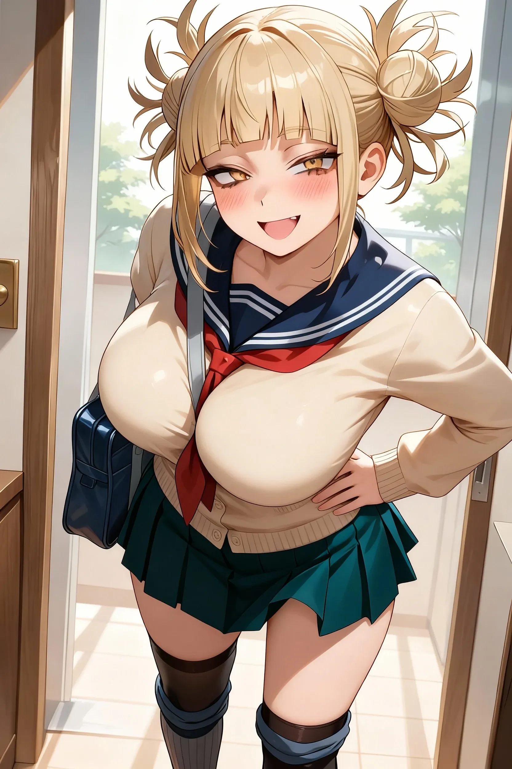 Highest quality,wonderful,finely,Highly detailed CG Unity 8k wallpaper,(1 Girl,blonde, Yellow Eyes, Low Ponytail, Scrunchie, Earrings、Wicked Smile), (Grin:1.1), ((Brown Skin:1.2), (:1.1), (White collared shirt:1.1)、(Black pleated skirt:1.1)、(mini skirt:1.1),(zettai ryouiki:1.4),Sit on a chair、whole body、Shooting from above、Classroom Background,(Missionary :1.6)