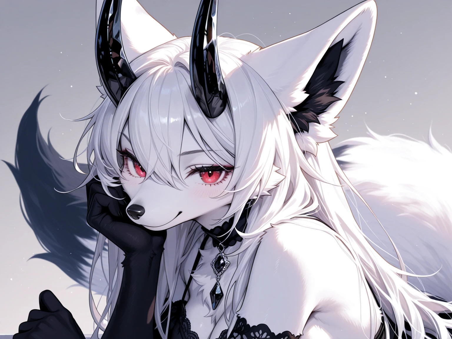 masterpiece, best quality, kitsune 1girl, solo, beautiful kitsune woman, fox ears, bangs, white hair, very long hair, blue eyes,  , , black choker, black , black , 5 white fox tails, white hair, cowboyshot, looking at viewer