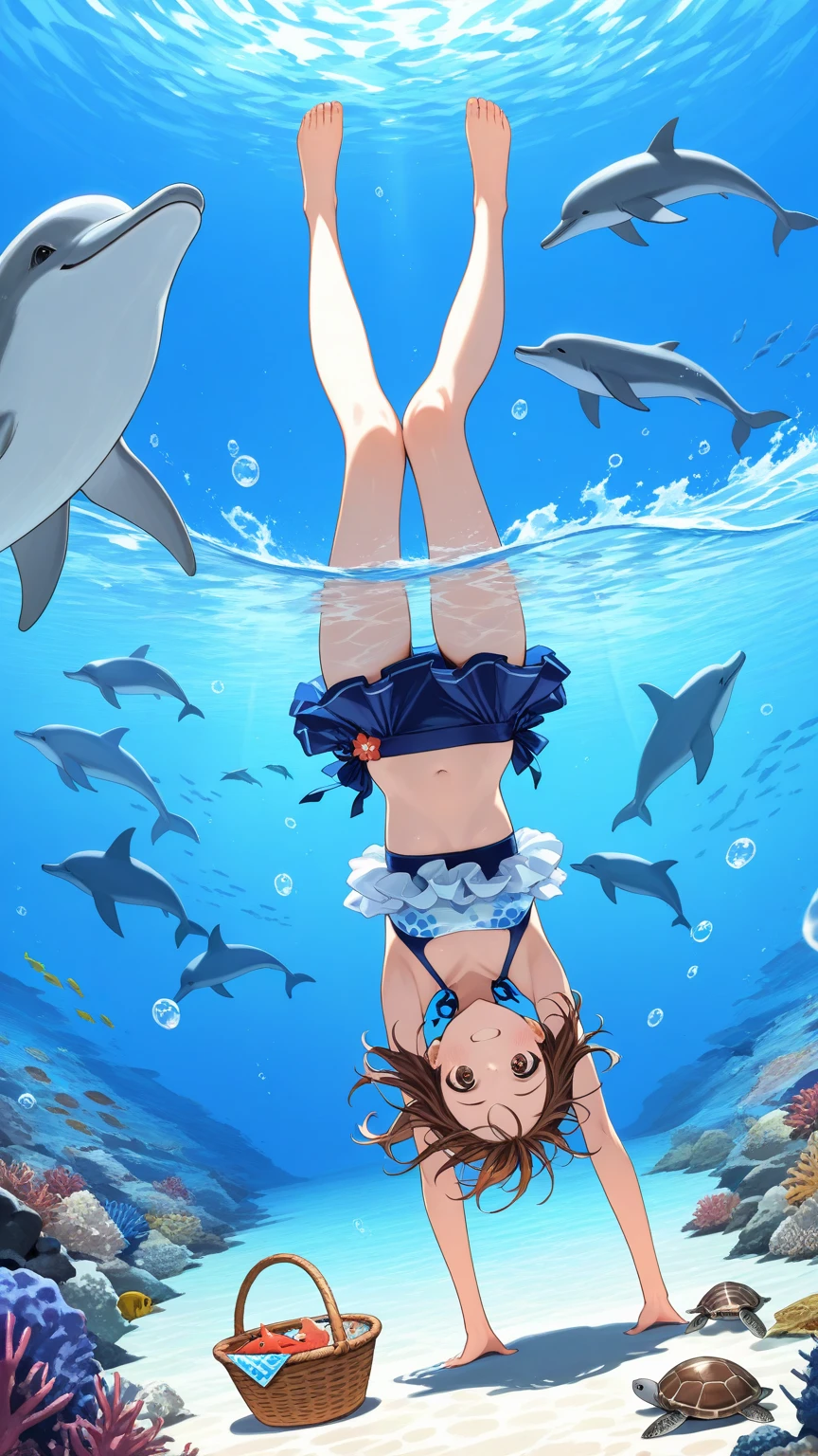 ,viewer's hands, moe, kawaii, partially underwater shot,(misaligned bikini),legs spread, innertube, slip, sea, from below, underwater,open mouth