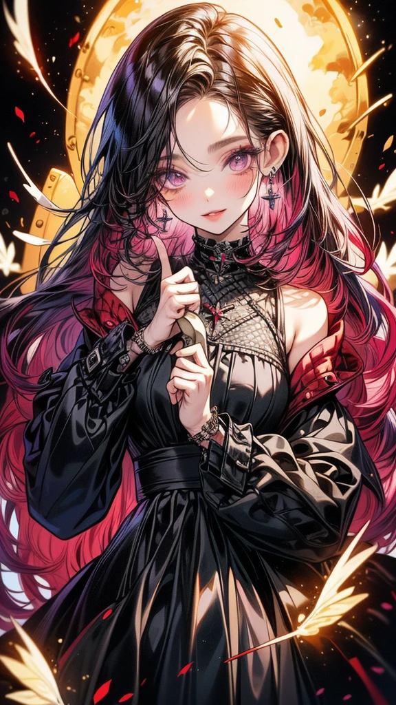 (Masterpiece, Best Quality), 8k,(((highly detailed))), lace:1.8,Super intricate lace pattern,colorful lace pattern,stained glass background, kaleidoscope,light-up,baggy Gothic, 1 woman,(wave hair,neon hair),,mirror