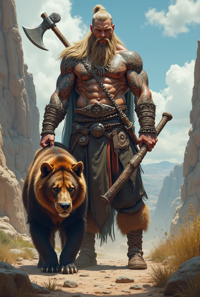 A drawing of warior with axe hedgehog in the style of Viking tattoos
