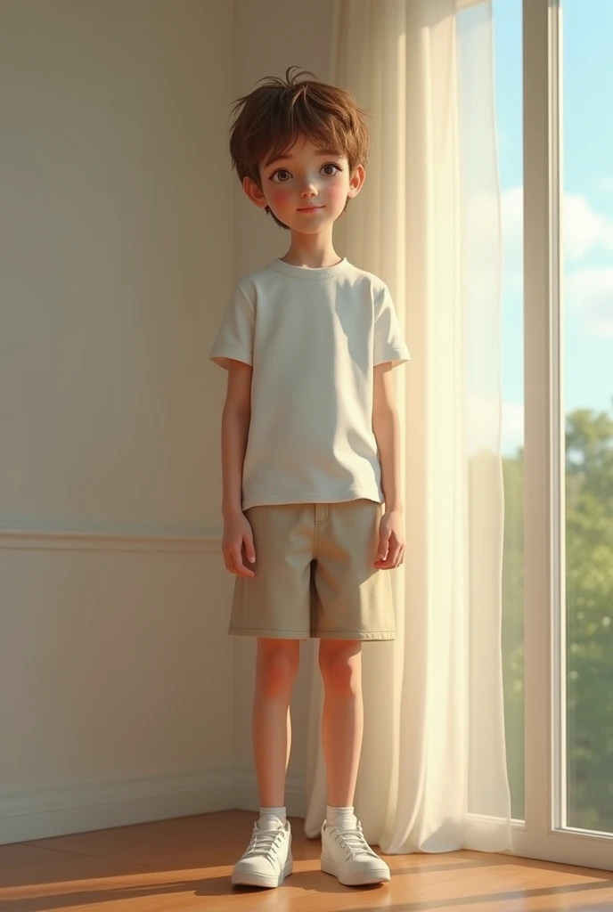 A teenage boy wearing a white t-shirt, cream pants, white shoes,