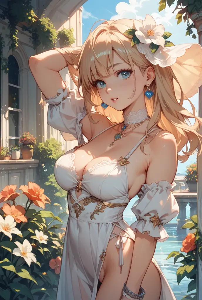 (masterpiece:1.2, Highest quality), (Realistic photos), Beautiful illustrations, (Natural side lighting, Cinema lighting),High detail、1 girl, Japanese、20-year-old female, Perfect Face, Symmetrical cute face, Glowing Skin, (Blonde、Long Hair、Inward curl perm), Dark blue eyes, (Huge breasts:1.2), Cleavage、Earrings、necklace、Slender build, Flowing bangs、Beautiful Hair, Beautiful Face, Fine and beautiful eyes, Beautiful body, Beautiful breasts, (Champagne gold maxi dress),smile、Blushing、sit、garden、rose