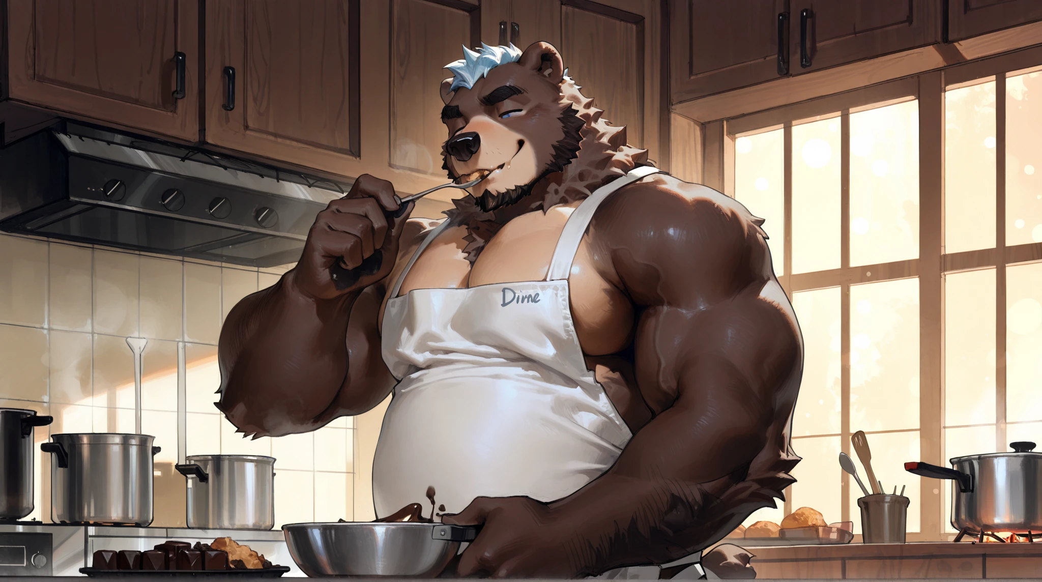 Solo, Anthro, male (((Rottweiler, muscular, abs, brown fur, black body, black hair, brown snout, brown tipped hair, dreadlocks over eyes, dreadlocks, hair over eyes, white , huge bulge))) standing, panting, tongue out, holding donut, chocolate donut, detailed donut, detailed fingers ((focus chocolate donut, focus donut, focus holding donut, focus brown snout)) full body, perfect , by darkgem, by mystikfox61, by glitter trap boy