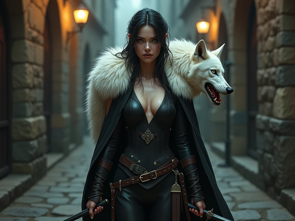 (masterpiece, photorealistic. Uhd) an ultra hot gorgeous European princess Snow White. Age 24. in a corset dress, pleated skirt, black stockings. expressive eyes, perfect face, large breast, small waist, perfect figure, highly detailed, showing cleavage, brown eyes, bangs, full body portrait, in the misty woods,((standing surrounded by foxes and wolves))