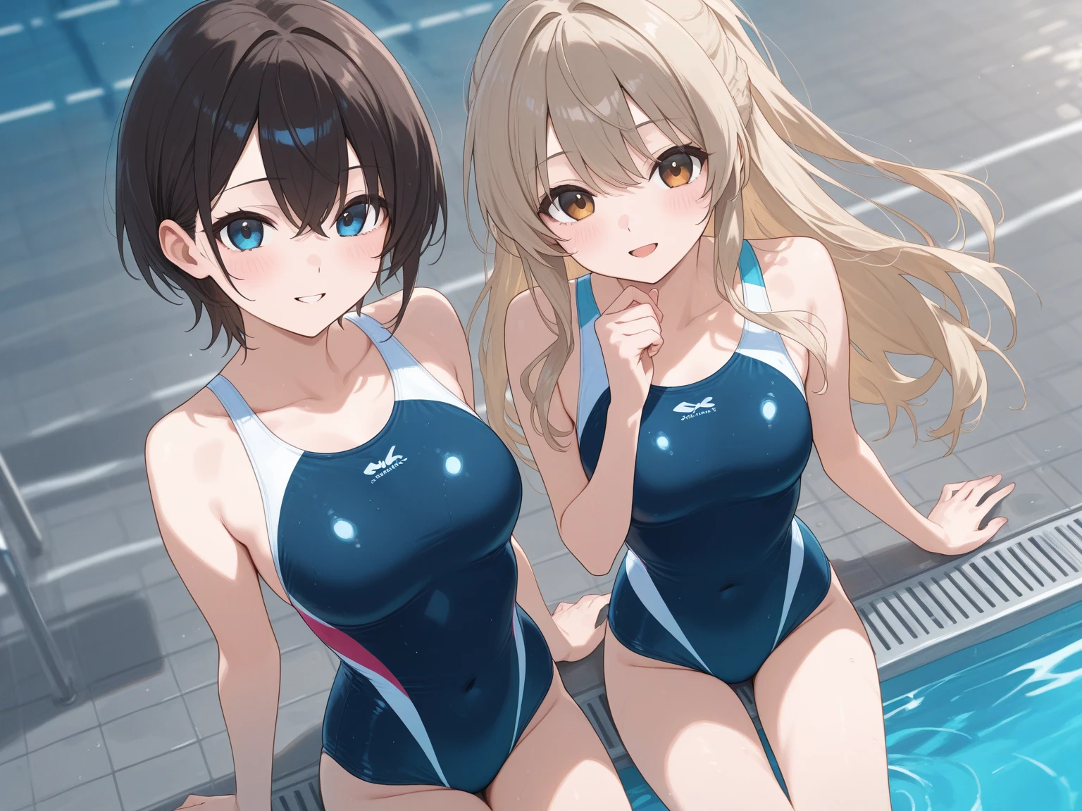 Best image quality, 8K, high quality, masterpiece:1.2), ((masterpiece)), (High detail, high quality, Best image quality), Bokeh, Depth of written boundary, Portraiture, Open Stance, (Cute illustrations:1.2), Poolside, (Multiple girls with different hair colors and styles:1.2), Five Girls, Dawn, Beautiful light, Professional Lighting, (Small breasts), (One piece turtleneck light color low V-neck swimsuit,), (Idol Master), Cute round face girl, sexy, Dynamic pose, An exciting mood, smile, Dynamic Angle, Underarm,