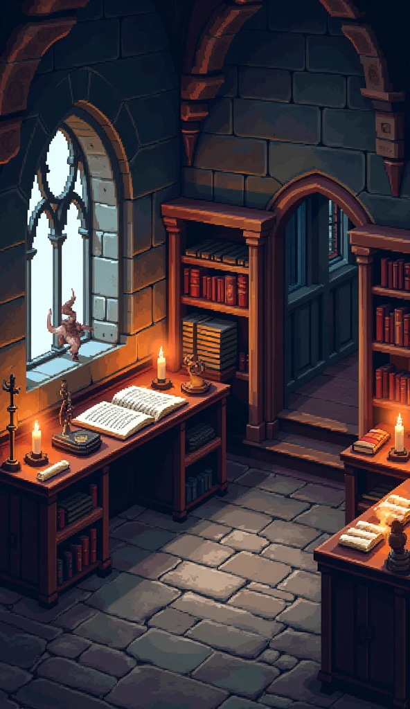 anime highest quality, wizards tower, magic orbs, books, scrolls neatly tied, map on the wall, a full desk edge to edge red woven carpet on the ground beneath the desk, short very used candles lighting the room wax dripping