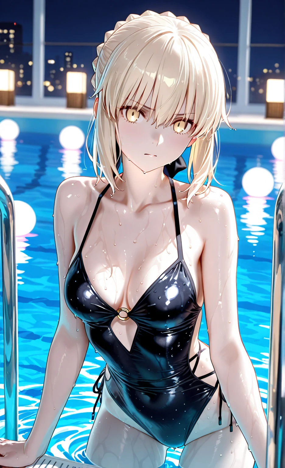 the same,
Depicts only one woman,

Golden Hair,Wet hair texture,water droplets dripping from hair,
(Short Hair.05),Ashime,straight,

((Black Rose))Hair Accessories,Purple Necklace,

Natural skin texture,Big ,Narrow waist,Bring both arms together,
Slightly muscular body,

((((Black one piece dress)))),
Black scarf,
(((Black transparent jacket))),
Golden crown,

Neuschwanstein Castle,Garden of Roses,Are standing,Don't sit,
11:45 AM,half-immersed in water,

Slightly larger ???????,expression(smile),Hall々and attitude,White teeth,Wide open mouth,Narrow your eyes halfway,
blush,from the front,???? pose,Broken posture,

Natural depiction,
Beautiful depiction,
Shiny eyes,
Healthy Body,
Natural hairstyle,
Natural body contours,
Natural facial contours,
(Five fingers)Absolute depiction,Symmetrical fingers,
Two arms,
Two legs,
Sharp eyelid depiction,
Symmetrical eyes,Symmetrical eyes,
Keep the subject in the center,Expand the upper body,
Beautiful image quality,
Delicate shades,
4K,Very detailed,
Delicate light adjustment,
Delicate contour drawing,
Does not depict ???????,