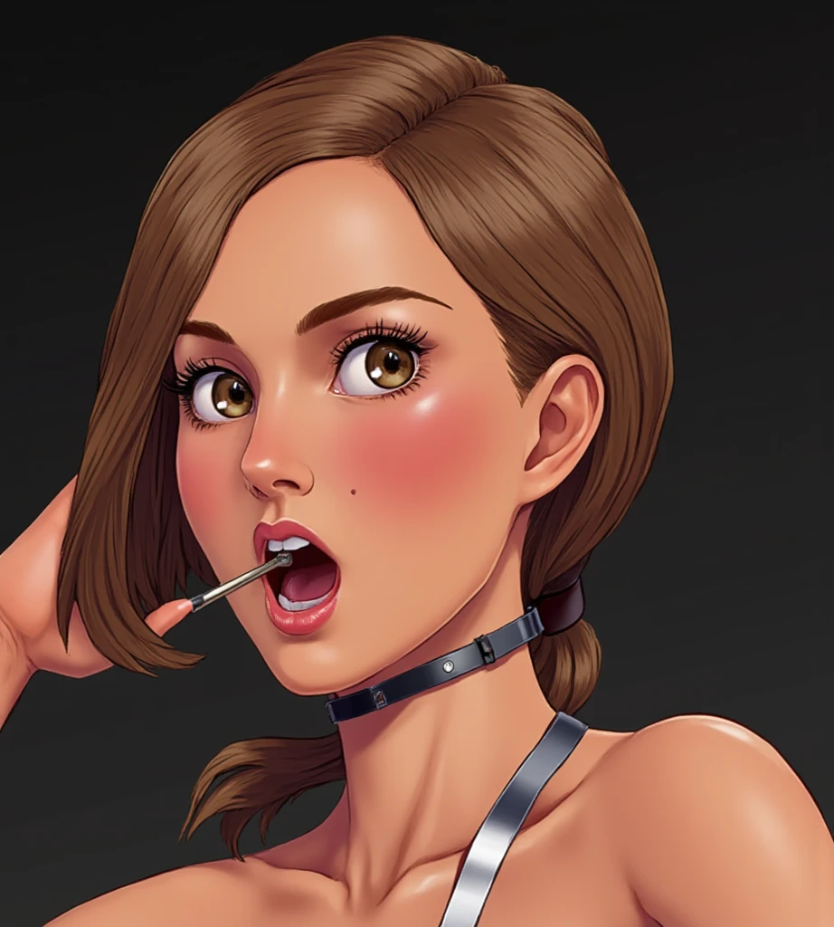 A brunette assassin being trapped and forced to be inpale into her own weapons like a slut ,  clamp, chain,mind control choker,heart love slut,