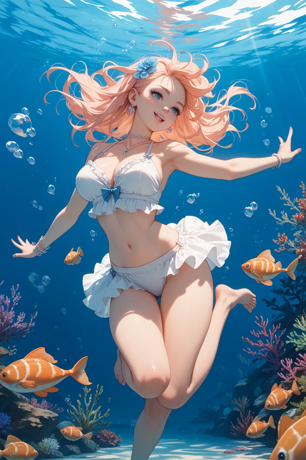 (masterpiece, highest quality, ultra high res, ultra detailed:1.3), 1 cute girl, ideal ratio body proportions, (blonde short hair:1.3), pink bikini, (, under the water surface, in the sea:1.4), dynamic pose,  eyes,  mouth, ( covered :1.2), (armpit, :1.3), submerged, underwater, a lot of air bubble, (floating, zero gravity:1.4),