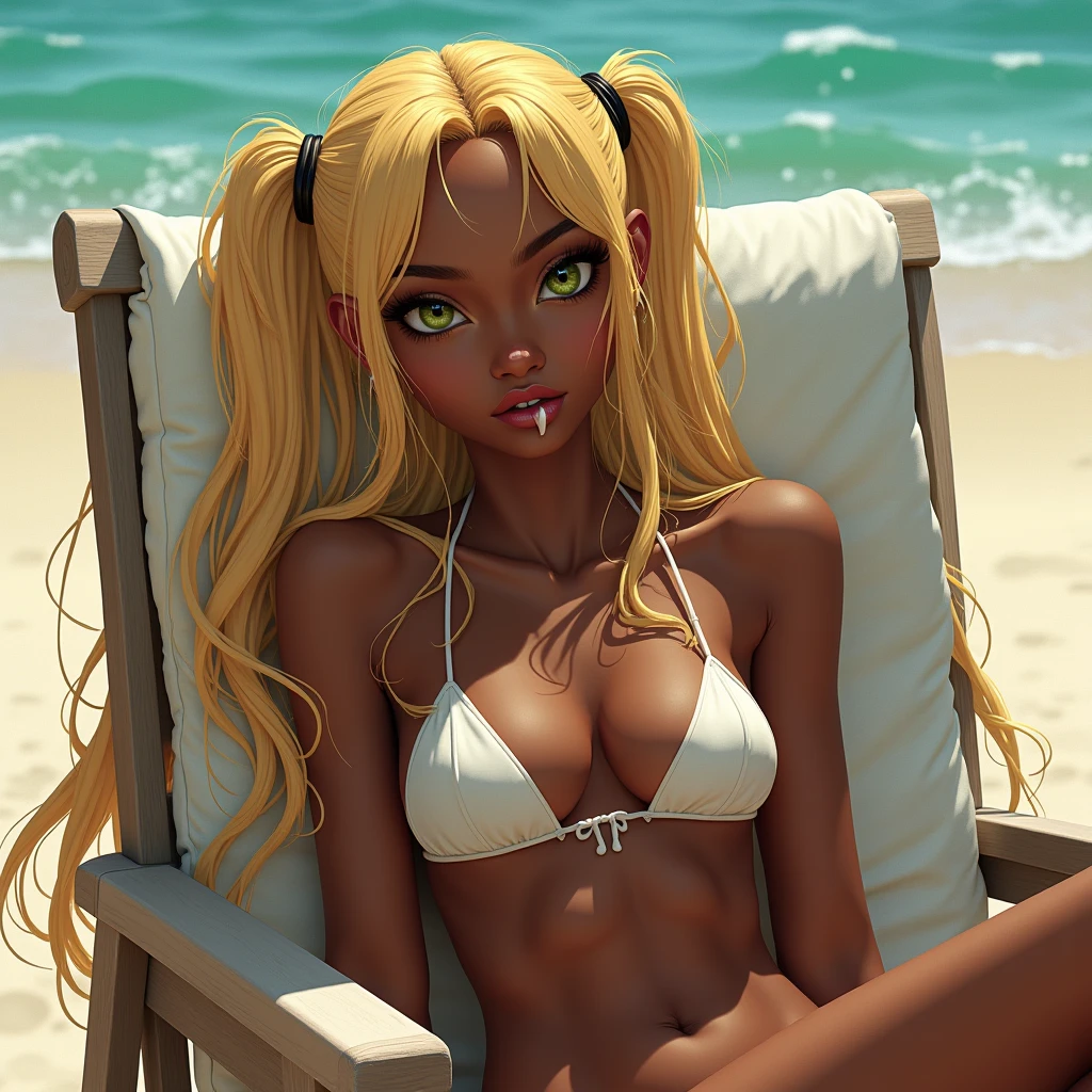 Anime style, afro black  young woman adult , perfect  breasts,  with  hairy , she is sit in stone in beach, hot morning day, sunny, she is sweaty,  add a photografer