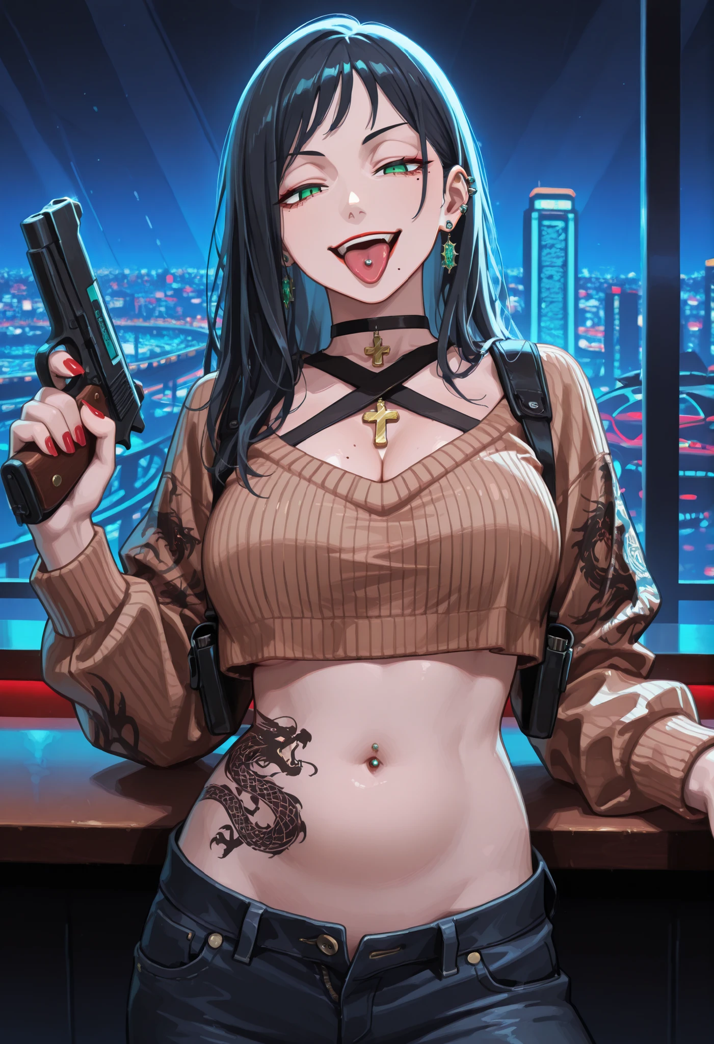 (Perfect )、masterpiece、super high quality、 8K、Realistic、masterpiece、Highest quality、Ultra-high resolution、Maximum resolution、Very detailed、Professional Lighting、anime、Adult female、thin、so beautiful、Very detailedな目、Draw the whole body、China dress、he has a gun、Holding a handgun in both hands、Yellow Eyes、Blue Hair、Long Wavy Hair、Earrings、Fingerless gloves、Tactical Boots、Equipped with  orange sunglasses、Equipped with a  rig、Fearless Smile