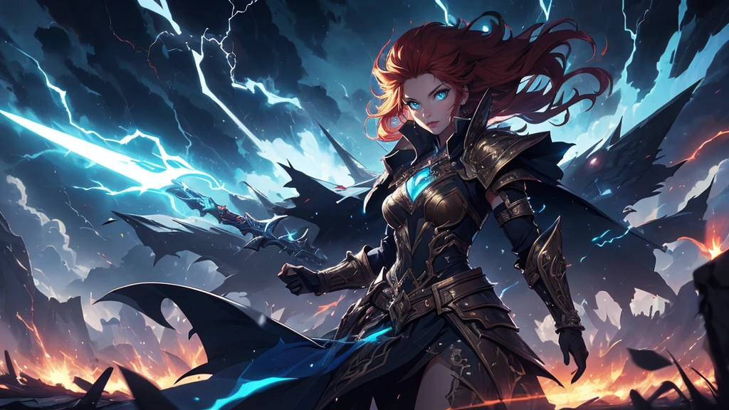 Ancient anime style, artbook, comicbook, RPG, futuristic medieval.  Goblin fox warrior, dark red skin, with human face with light red glowing tribal magical tattoos, goblin base with fox features, neon details, with technological tribal armor with glowing magical markings, full body,  feet, spear with magical markings shiny.  Epic scene, wide and deep scenery, with several depth planes, stylish and dynamic pose.  In the middle of a magical steampunk technological village, mixing technology and vegetation, buildings with neon details and glowing magical vegetation, magical technological airships with shiny details inspired by ships flying in the sky.