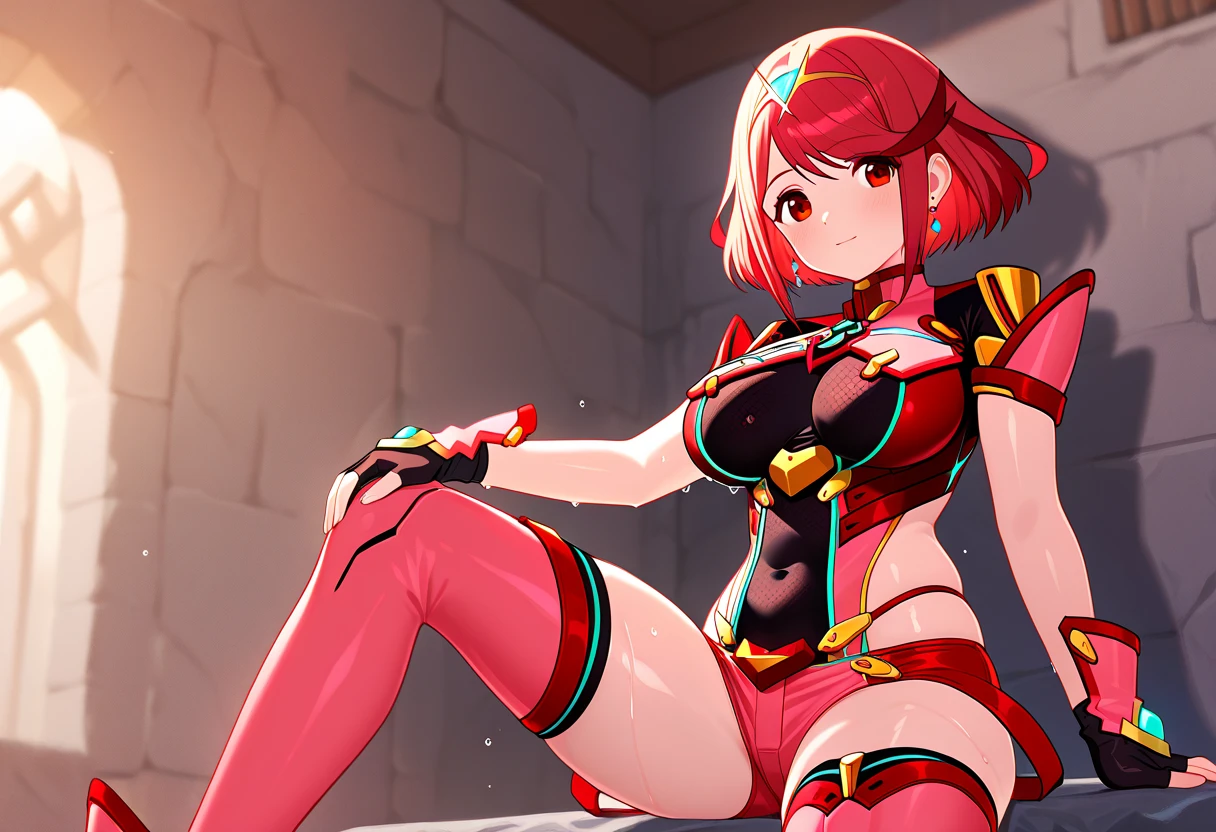 masterpiece,Highest quality,Bonfire,\(Xenoblade\),Xenoblade chronicles \(series\), (Xenoblade chronicles 2),One girl, armor, bangs, black gloves, ?????, Red eyes,Earrings, eyelash, fingerless gloves, Floating Hair, framed ?????, gem, gloves, hair ornaments, Headpiece, jewelry, ??????????, Lean back, leotard, Neon Trim, Official Art, Redhead, red Shorts, saitou masatsugu, short hair, short Shorts, Short sleeve, Shorts, Side Lock, Fits perfectly to the skin, alone,swept bangs, Knee socks, tiara, turtleneck, Underbust, Arm guard,Mr.々A pose,Falling Fire,Thighs,(Wet String ?????? Armor Wide ????:1.2),Deep valley,Sitting,Spread your legs,Leg spread,smile,Mouth closed,gigantic ?????,Represents medium, transparent, See through, Browsing Caution, transformation,Girls urinating,Embarrassing, Dirty alley, Correct ???????, masterpiece, Bottom-up perspective,????????,????????, Attractive face:1.6), (Excited:1.5), shy, Represents medium off, See through, Blink, ???????????????,Estrus, blush, ????? ???????, Protruding ??????,