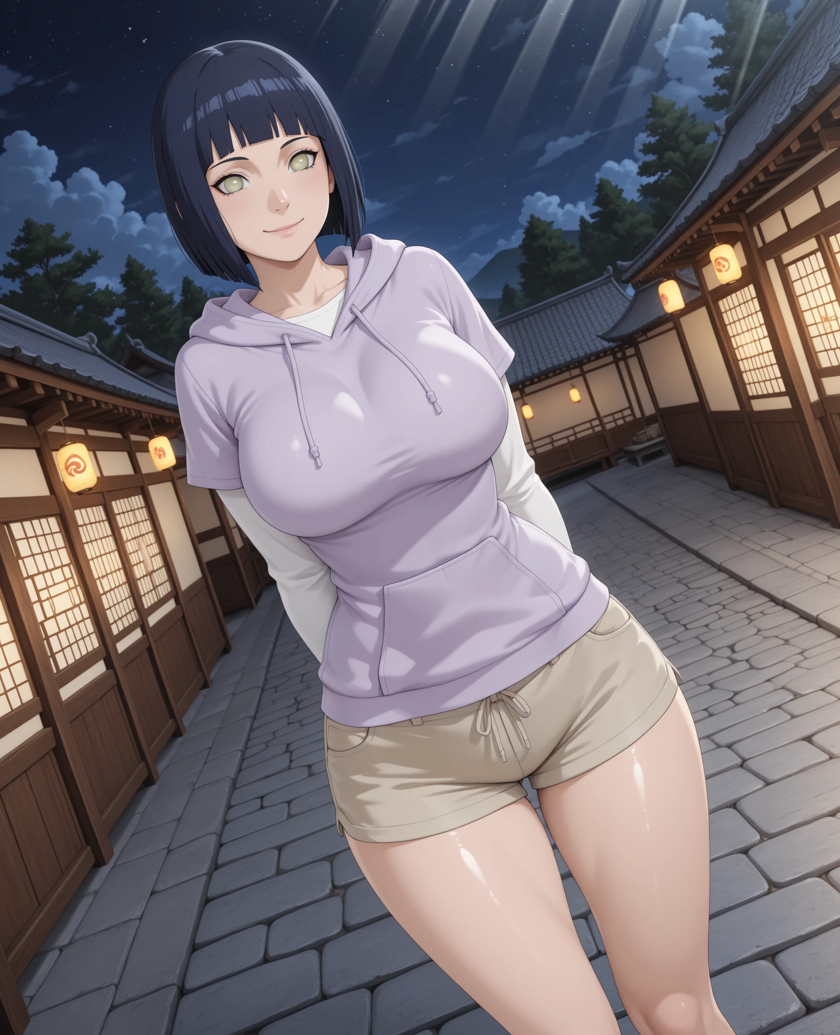 score_9, score_8_up, score_7_up, score_6_up, score_5_up, score_4_up, (shiny skin:1.2), hinataSDXL, 1woman, mature, solo, short hair, black hair, purple eyes, white eyes, hyuuga hinata, curvy, huge body, ?????????????, hanging ???????, thick ????, white robe, stands straight, legs slightly bent, spreads her ??????, ?????? demonstration, front view