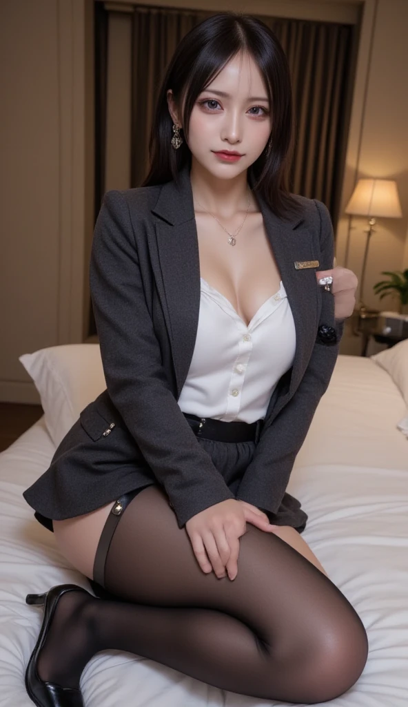 1girl,Solo,view the viewer,Realist,,Black pantyhose, breasts,big breasts,Blunt bangs,Single hair bun，stand,perky ,Lace ,love hotel,hand on , on ,water on ass,big ass,office lady,black jacket,smile,