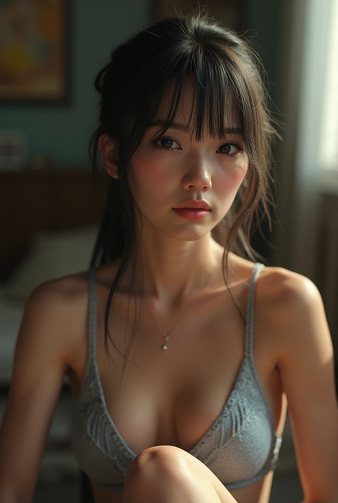 slight imperfections like freckles, moles, redness or uneven tone, real textured skin

???? Japanese woman, striped short shorts
neutral or distracted expression, hands on head, crouched, ??????????? in the lying position, ???????? apart

professional lighting
strong flash lighting
ordinary environments with natural light
slightly off-center or imperfect angle
fashion photography
intensity