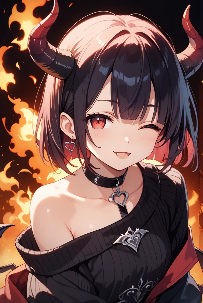 absurdres, 8k, 4k, masterpiece, hyper extreme detailed:1.2), solo, 1girl, front view, perfect face, 1girl, portrait, expressive eyes, looking at viewer, solo, green eyes, standing, mature female, medium , pale, long black hair, groan, casual wear, adult, looking forward, front view, black horns, confident, cautious, rational, messy hair, wind, windy, moving hair, moving clothes, swept bangs, front view, unyielding, mature body, tomboy, dragon tail, adult, black nails, wild hair, velvet crowe, scars, fatigue, Black Draconic Horns, Dragon Horns, Dragon Tail, fire, long skirt, graphic t-shirt, shoulder, suspenders, velvet crowe, velvet-outfit, red hair gradients, fiery, flames, burning,