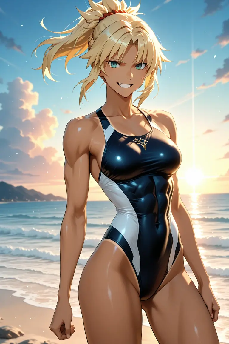 （（（masterpiece、Highest image quality、highest quality、highly detailed unity 8ｋwallpaper）））、（（Illustration of one girl））、（（（beautiful girl）））、（（white hair、short hair、light blue eyes））、（（（stocky build, thickset physique, muscular legs, broad shoulders, solid chest：1.6）））、swimsuit、sandy beach