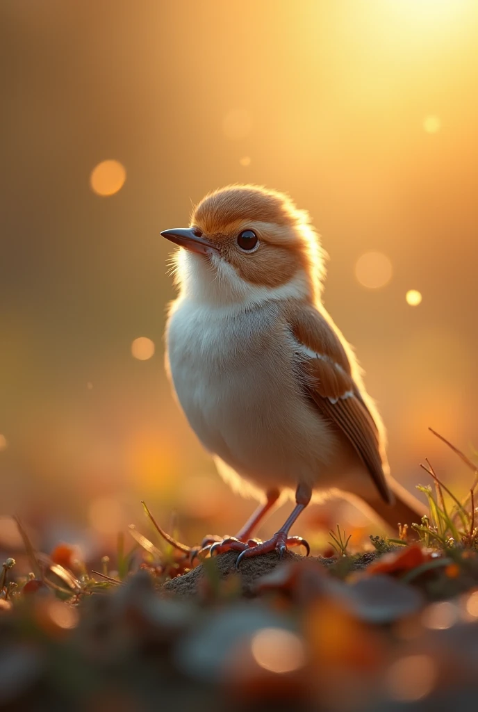 一张迷人的近距离写真，展现了一只美丽的小鸟，在宁静的早晨被柔和的金色光线照亮，散景球轻柔地框住了它娇小的身躯