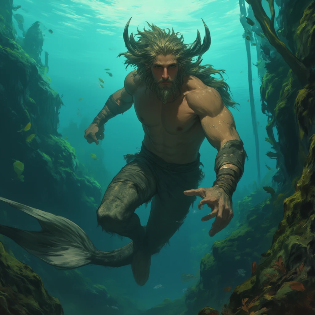 Masterpiece, best quality, high resolution, remote image, man focus, Focus only, stalwart, bouncing, hairy, man, ผู้manไม่มีกางเกง, in the sea, His body was half submerged in the water., Behind the sky was full of stars with the moon in the center., amazing composition, front view, HDR, Volumetric light, Special quality, elegant, Highly detailed