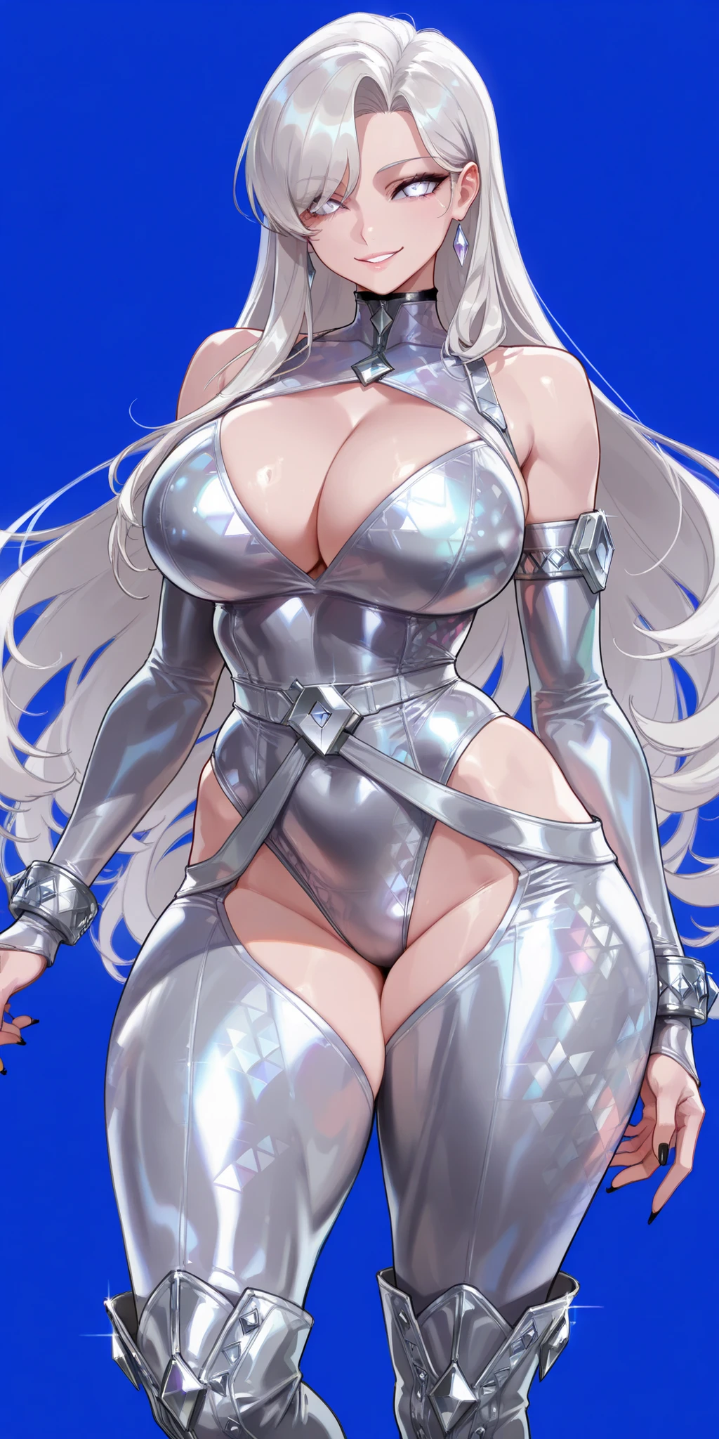 "(masterpiece:1.1), best quality, ????, 
1girl, (80s anime style:1.3), (eyelashes:1.5), (loli:1.2), 
(intricate high detailed body:1.2), 
(silver hair:1.1), (forehead:1.1), (long hair, straight hair:1.1), (headband:1.2), 
blue eyes, (red lip stick:1.3), 
(perfect world gigantic, ????????????????:1.5), 
(angry, smile:1.2), 
(silver embroidery body suit armor:1.2), (pantyhose:1.2), 
(suspenders:1.1), (accessories:1.1), neckwear, 
standing, arms behind back, 
(upper body, cowboy shot, looking at viewer, from front:1.1),
(daytime, grassland, outdoors:1.2)"