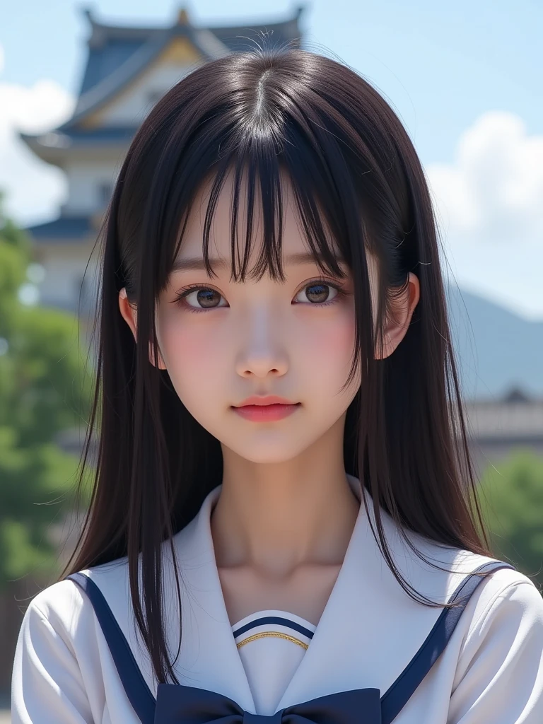 masutepiece, Best Quality, 8K, sixteen years old, Teen, Raw photo, absurderes, award winning portrait, ssmile, Solo,  Idol face, violaceaess, gardeniass, Delicate girl, Upper body, Digital SLR, Looking at Viewer, Candid, Sophisticated, zora々Right, Thin arms, Professional Lighting, Film grain, chromatic abberation, (Eyes and faces with detailed:1.0), (Bokeh:1.1), Japanese high school  girl、White Sailor School Uniform:1.2、Navy blue pleated skirt, Beautiful autumn scenery、Autumn leaves、