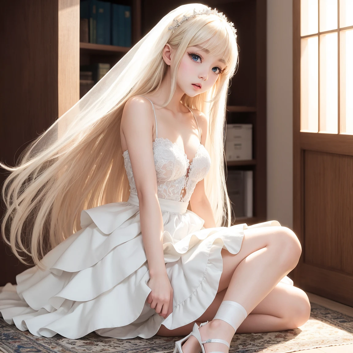 Nothing, Highest Quality,Petite girl with long hair blonde, curve hair, short dress