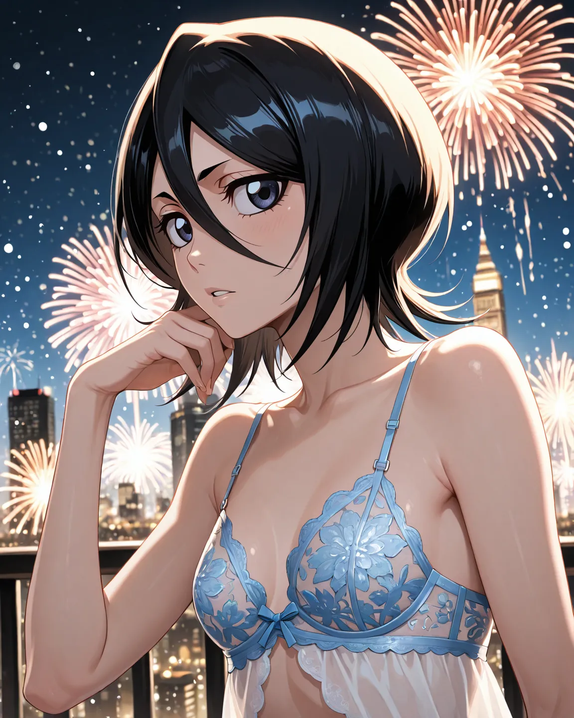  (masterpiece, Highest quality, 8K ultra-high resolution:1.4), 14yo, kawaii, ????, Pokemon Riko, Down blouse, Cute Bra, (Navy blue frilly yukata, Frilled ?????????, night: 1.4), (Summer festival), ((turn around)), Beautiful Eyes,Flash photography, Backlight,  ((Spread your legs)), (The best smile:1.4), (Show your palm to the camera), (Beckon), Written boundary depth, Dramatic portrayal, (Colorful fireworks background), Focus of the film, , Emotional composition, Emotional engine full throttle BREAK Young and cute, Slender body, Flat ?????, Highly detailed glossy skin,Sweat,  完璧なPokemon Riko
, Wind, detailed in the Wind, petals dancing in the Wind
BREAK
ultra detailed crystal eyes, Eyes like shining jewels