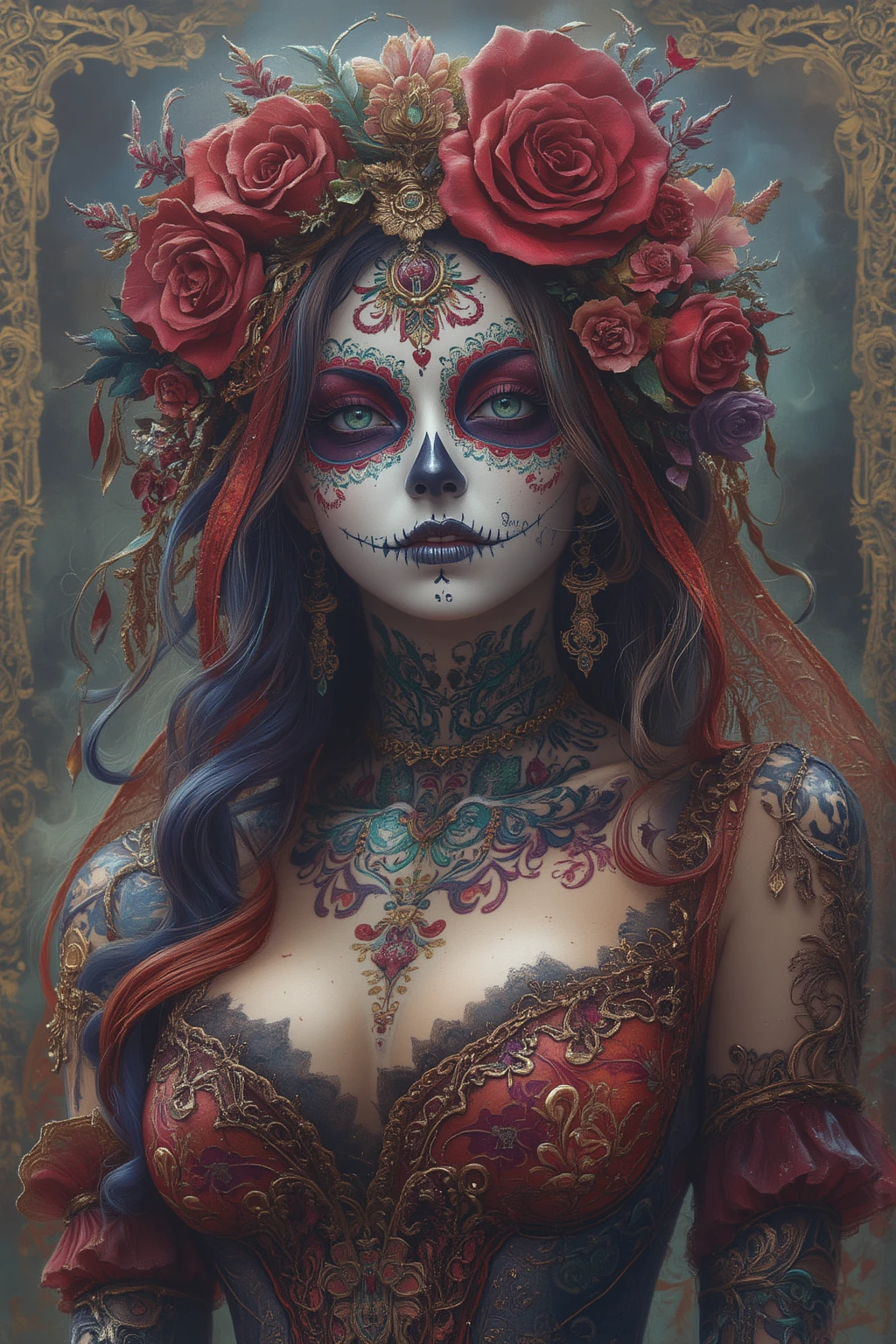 (The Art of Aptrus, Peter Pola), skeleton, 1 girl, Hairy, Jour des morts, Scary Pumpkin Mask, Rags of rags, fog and mist, flat chest, small breasts, Rotten pumpkins all around, official art, Super detailed, Beautiful and beautiful, intricate details, Portrait of the most beautiful chaotic form, elegant, brutalist design, bright colors, by James Jean, Robbie Devi Antonio, Rostran, French bacon, Michael Mraz, Adrian Genius, Petra Cortright, Gerhard Richter, Takato Yamamoto, Ashley Wood, Atmospheric, (black crow:1), (Blackbird:1.2), Red rose, (Limited color palette), Extremely lush, Colorful hair, (whole body:1.4), (symmetry), masterpiece, best quality