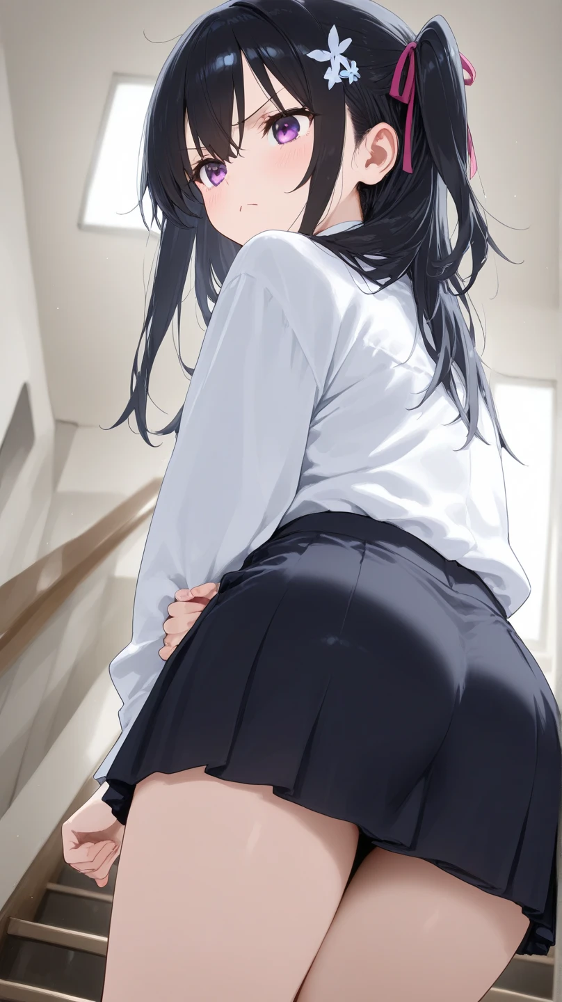 (masutepiece), Mature Schoolgirl, ????, posterior, Floral lace ?????????, Natural light, Photorealistic, ????????, diffuse glow, depth of fields, skirt by the, steam, (Lift skirt), Lifelike、in bed room、Turn your ??? to the viewer、embarassed expression