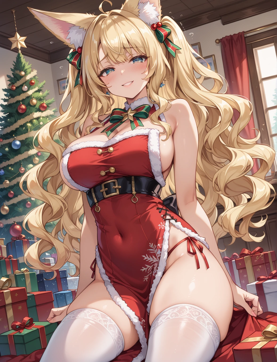 ((((perfect ???????, super detailed skin)))), 1 girl, japanese, 16 years old, shiny skin, watching the view, 
beautiful hair, beautiful face, beautiful detailed eyes, (long hair:1.7, side ponytaail:1.5), blond hair, blue eyes, mole under eye, 
beautiful clavicle, beautiful body, beautiful ?????, beautiful thigh, beautiful legs, babyface, ??????????????, perfect body, gorgeous faces, seductive ?????, seductive thighs, 
((wearing santa claus costume, symmetrical clothing, metallic red santa claus hat, metallic red santa claus dress, metallic red santa claus boots, ???? shoulders), christmas necklace), 
(facing the front)(((blushing cheeks, embarassed expression)), (((the skirt is rolled up by the wind)))
(beautiful scenery), indoors, livingroom, (christmas tree:1.3), 
(top-quality, masterpiece​:1.2, extremely detailed), (photorealistic:1.4), beautiful illustration, cinematic lighting, (thigh focus, from below, view from forward:1.3),