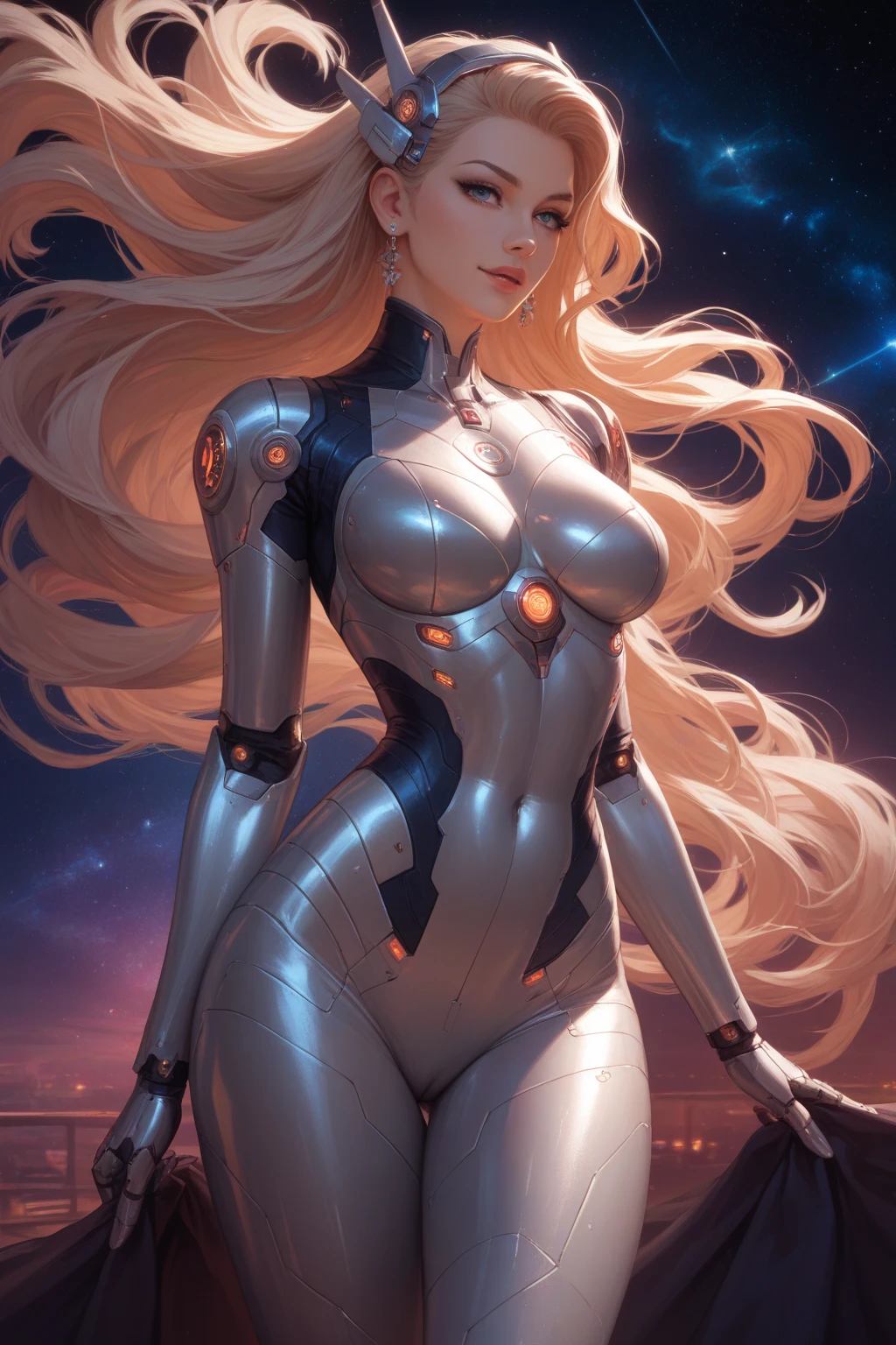 A lovely woman in skin tight cyber armor, posing with high tech weapons, star light gleaming, action poses, advanced futuristic technology, cinematic lighting, intricate details, photorealistic, 8k, hyper detailed, dramatic composition, dynamic energy, cinematic atmosphere, vibrant colors, moody lighting, sci-fi, digital art
