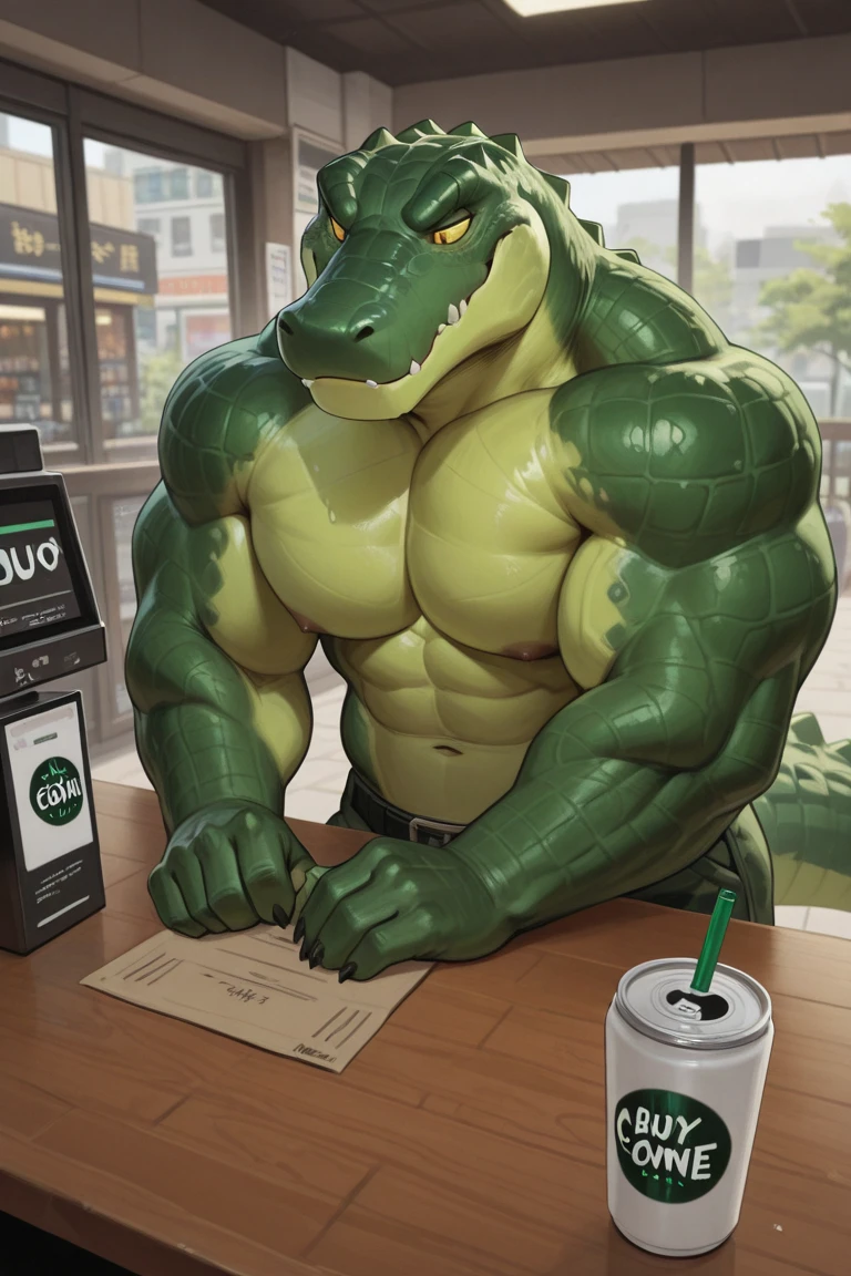 lindong, solo, 1boy, Muscular old furry crocodile, green scales, gaze, focus, sharp eyes, sitting in living room, shorts, huge muscular, thick arms, wide pectoral, very huge arms, very huge pectoral, detailed, sweat, , masterpiece, semirealistic:1.2, high detailed, 8k, high resolution