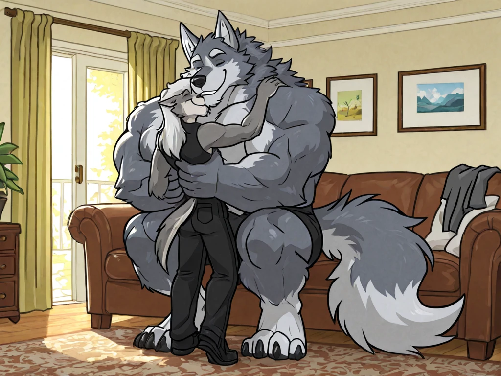 Bara, by Taran Fiddler, muscular male, mature age, middle-aged, furry male, bee, canine, white fur, beard, , red boxers, clothing is slipping off waist ((bulge outline, dripping)), bulge, pulling up boxers, standing on doorstep, leaning against doorframe, body is against doorframe, detailed, detailed face, handsome face