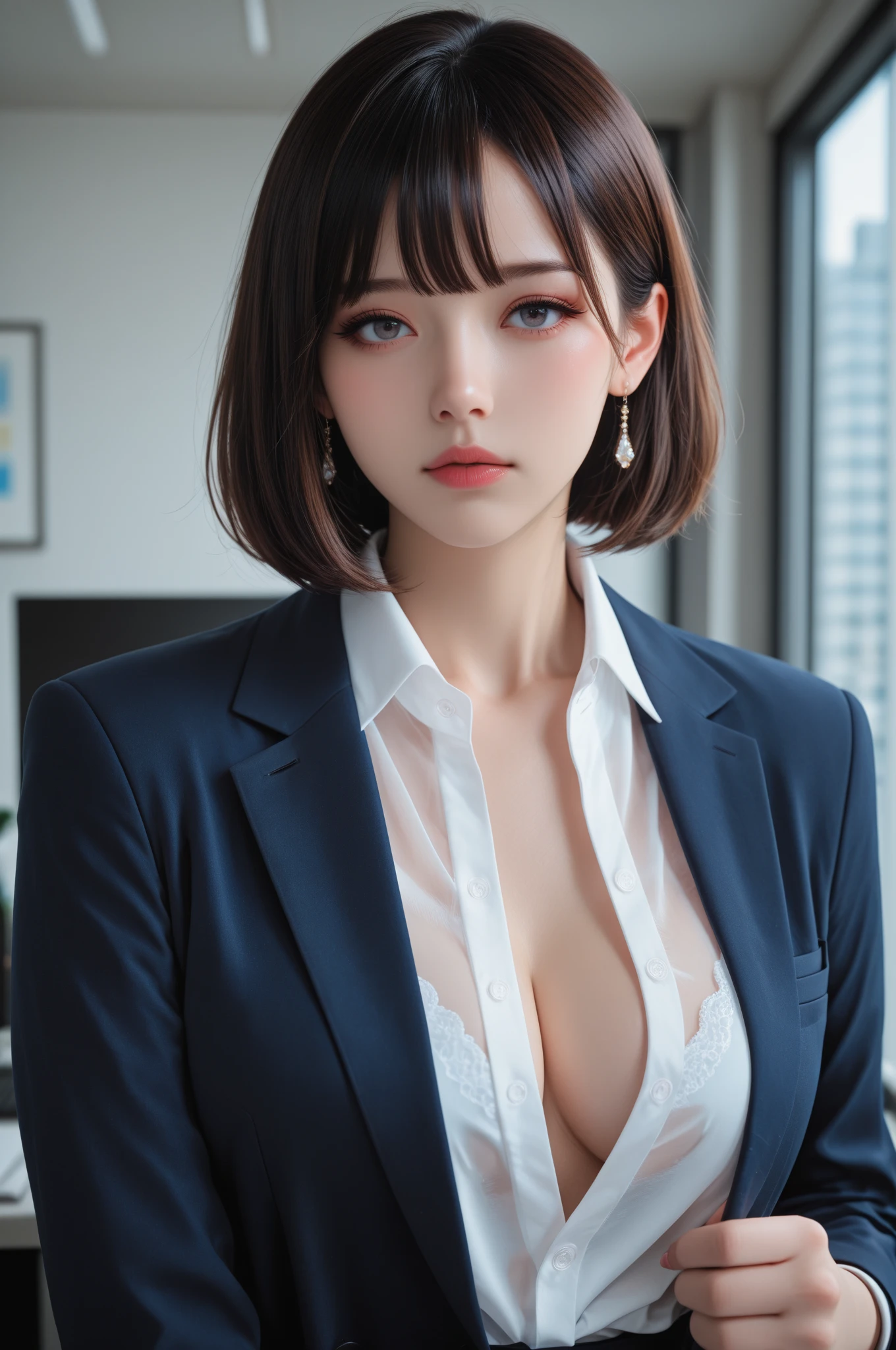 Sexy Lawyer, Classy business skirt, black blazer, white dress shirt, Tight Skirt, Reading a book at a desk, at the library, big, cleavage, perfect hands perfect fingers perfect breasts perfect fit perfect body perfect face perfect image realism detailed background , unbuttoned shirt,  librarian, hyper realism, realistic, unreal engine, 3dcg, octane rendering, High resolution up to 8K, sweater dress, Professional, breasts that look torn from clothes,,, ponytail