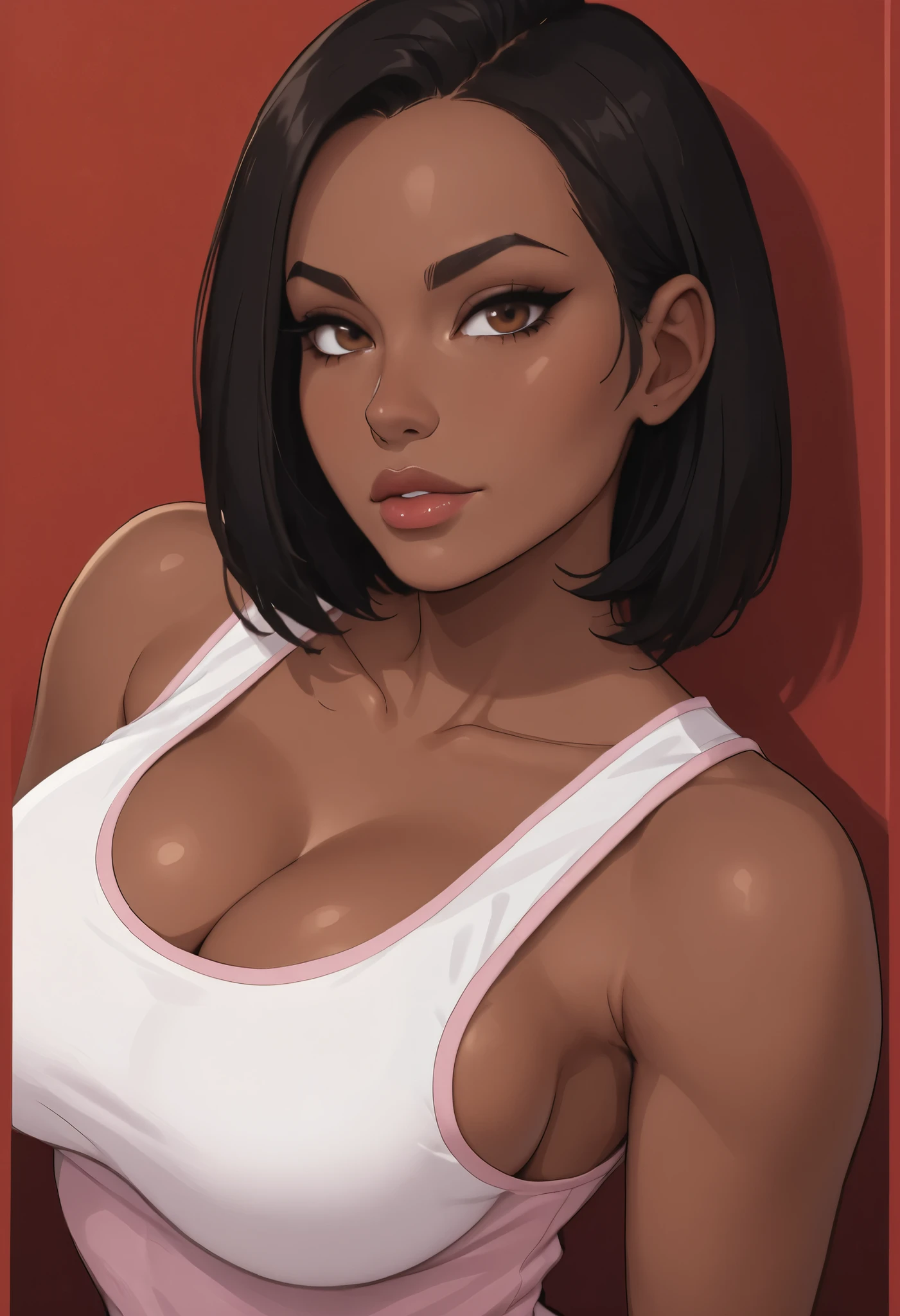 ((no background)) One Dark skin young woman with headphones  with long jet black hair and clearly detailed big brown eyes, ebony nose, wearing a purple top and denim shorts, high quality, 2D, UHD,